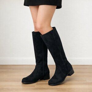 Sillouettes‎ Women Sz 8W Wide Tall Suede Black Leather Riding Boots Low Block